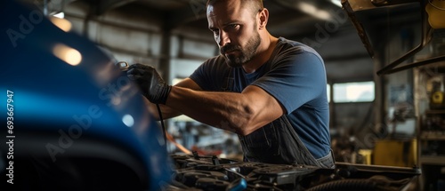 Male Technician car mechanic working repair in auto repair Service and Maintenance of car in auto repair garage. Check the system inside the car. Young man working with car engine. Generative ai