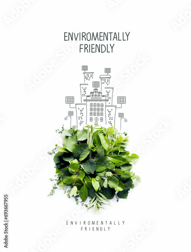 Illustration of Environmentally friendly planet. Ecologycaly clean planet, made of green leaves and grass with hand drawn cartoon sketch of city houses with solar panels.Alternative energy sources.
