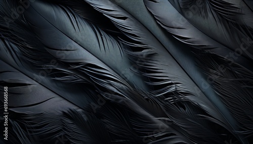Intricate black feathers texture background with detailed digital art of big bird feathers