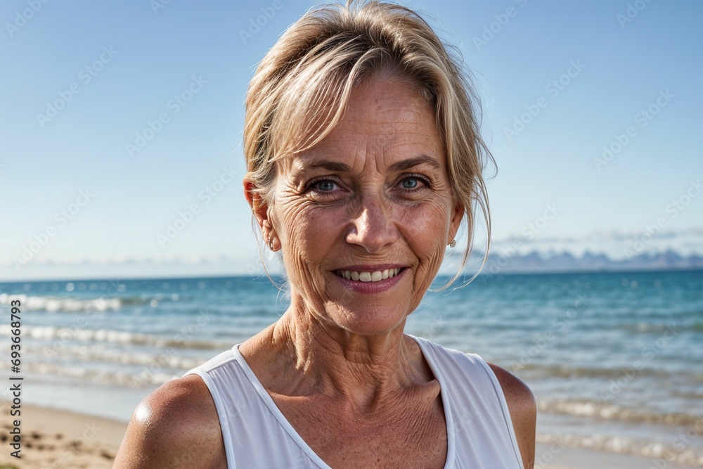 elderly old woman in on the beach wearing beachwear on a tropical vacation, being healthy and living a good life - obrazy, fototapety, plakaty 