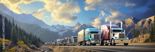 Automotive cargo transportation, close-up truck rides in a mountainous area among rocks, banner