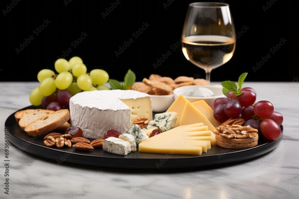 Cheese Plate with Grapes and White Wine - Tantalizing Trio for Elegant Dining and Wine Pairings.