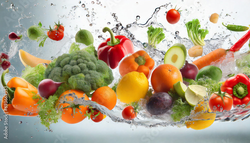 frutta e verdura in acqua che cade  photo