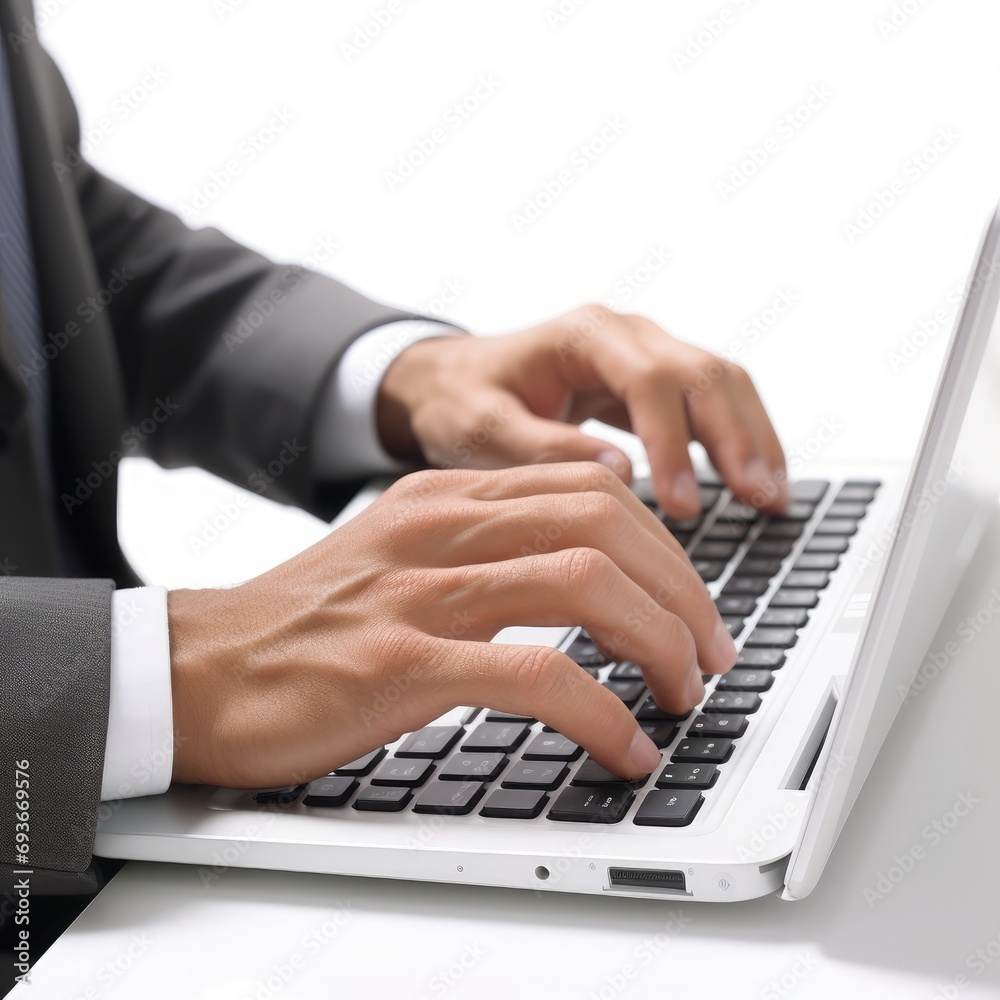 Focused Businessman Enhances Productivity, Typing on Laptop Keyboard in Modern Office Environment. Focused Businessman Enhances Productivity, Typing on Laptop Keyboard in Modern Office Environment.
