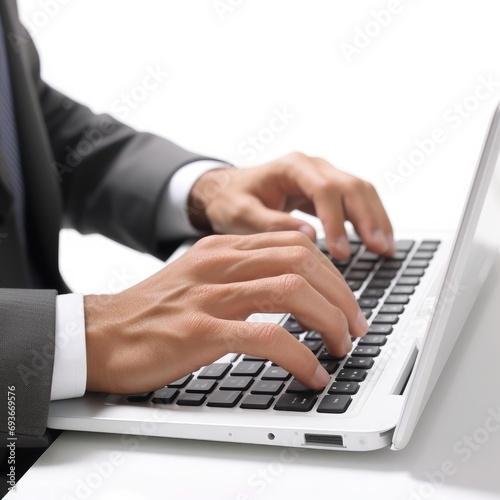 Focused Businessman Enhances Productivity, Typing on Laptop Keyboard in Modern Office Environment.