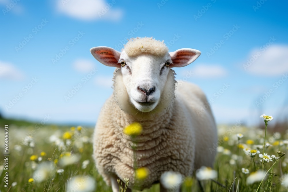 Fototapeta premium Curious White Sheep Poses for the Camera on a Sunlit Green Meadow on a Beautiful Summer Day