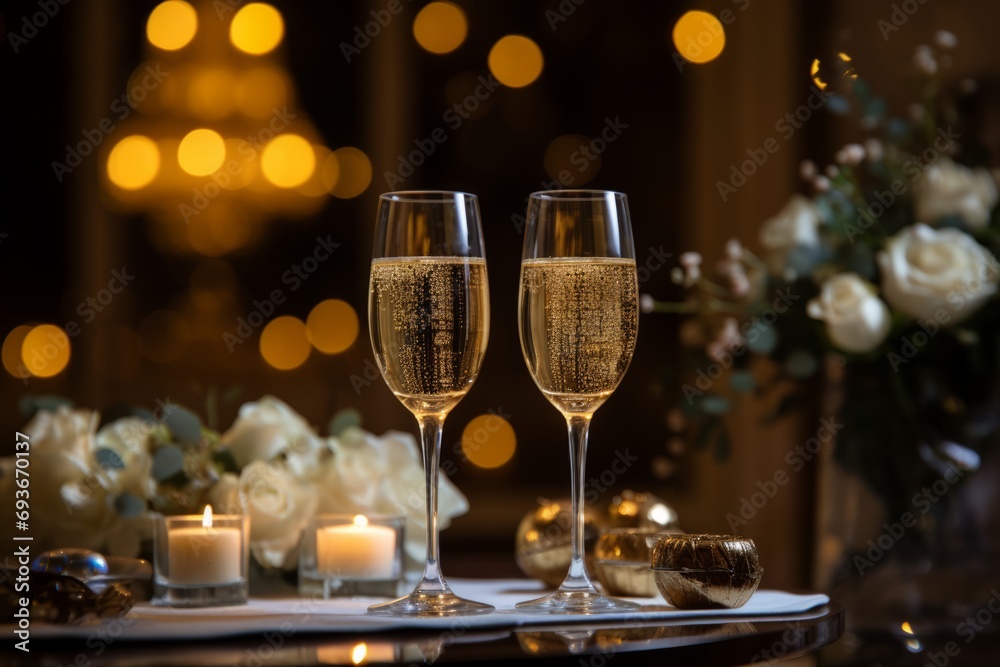 Elegant Christmas Celebration. Stylishly Decorated Table with Two Champagne Glasses Elegant Christmas Celebration. Stylishly Decorated Table with Two Champagne Glasses