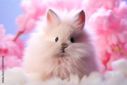 Cute fluffy funny Easter bunny on a pink background, Happy Easter