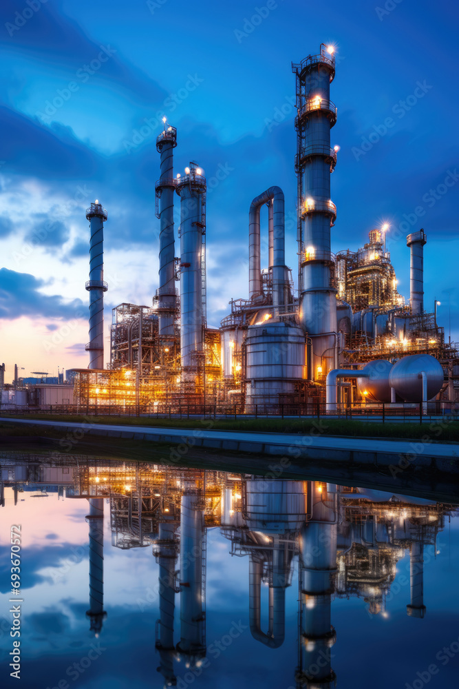 Close up Industrial view at oil refinery plant form industry zone with sunrise and cloudy sky