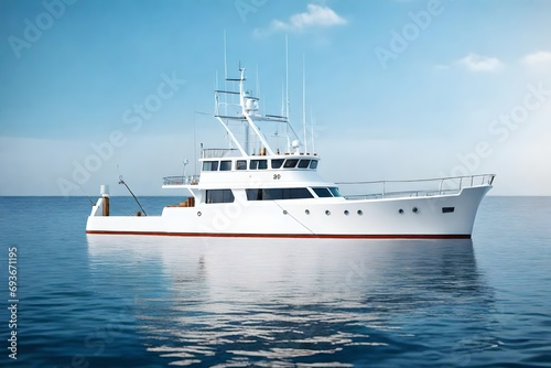 ultra-realistic contemporary white fishing vessel wall front view with camera looking.