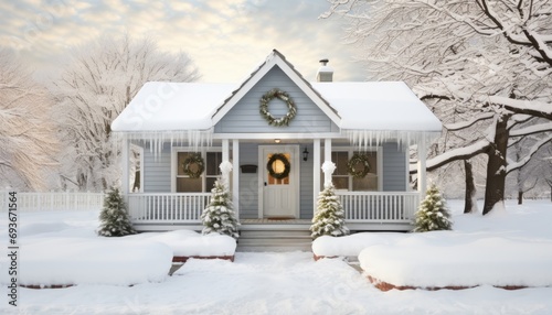 Charming festive cottage with cozy ambiance and delicate wreath in snowy surroundings