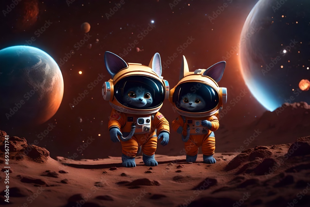 3D gremlin astronaut that is incredibly charming and adorable, with big eyes and ears in space and a dynamic stance on Mars