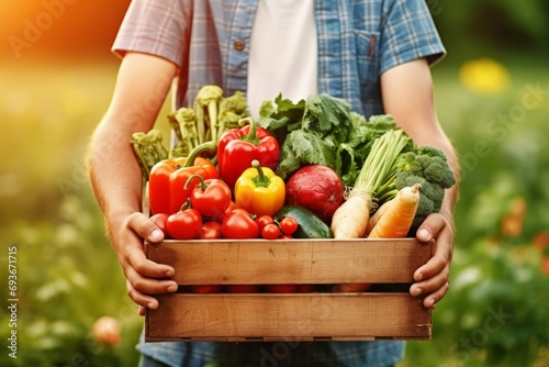 Fresh harvest of vegetables from his garden in a wooden box against the backdrop of the vegetable garden, a young male farmer holding a box with vegetables photo