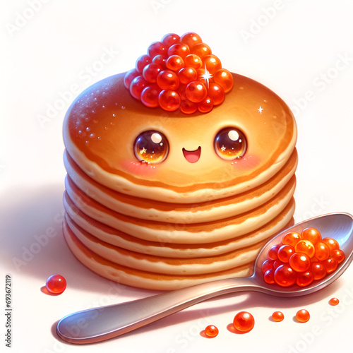 Cartoon pancakes with caviar, lively facial expression, warm tone, for children's menu