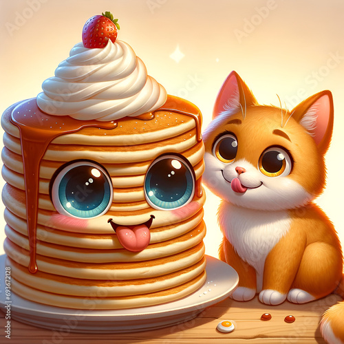 Cartoon pancakes with kitten, sweet syrup, for children's illustration