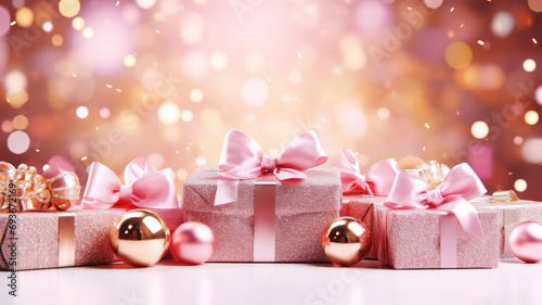 Pink Christmas background with festive gift boxes and Christmas balls. Holiday Christmas and New Year composition with copy space.