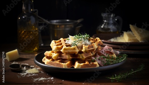 Savory ham and gooey cheese stuffed waffles, expertly arranged and ready to be savored and enjoyed