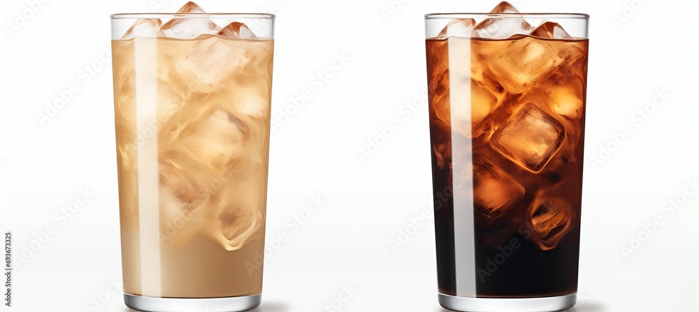 Set of black iced coffee and iced latte in tall glass with milk, isolated on white background - obrazy, fototapety, plakaty 