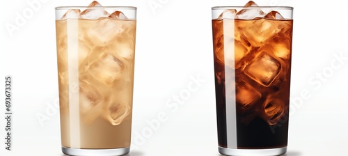 Set of black iced coffee and iced latte in tall glass with milk, isolated on white background photo