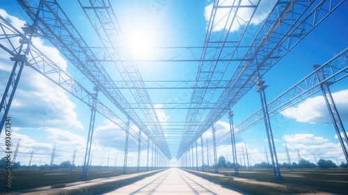 a pipeline and power lines set against the vivid blue sky, emphasizes the structural elements and the contrast between the man-made lines and the natural expanse of the sky.