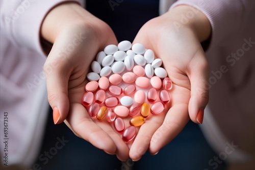 Pregnant woman holding various supplements and vitamins in white bottle   top view closeup photo photo