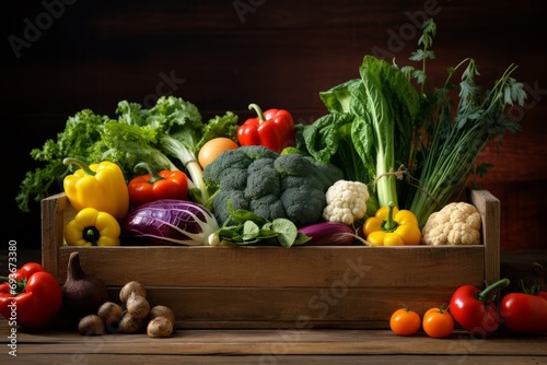 Fresh harvest of vegetables from your garden in a wooden box close-up