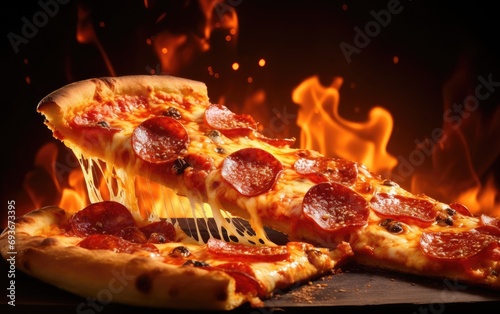 Slice pepperoni pizza on a fire background
