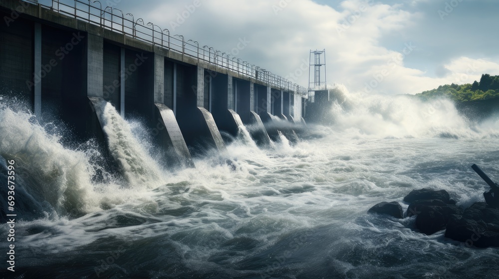 the power of nature and energy production showcasing water discharge at a hydropower plant, emphasizes the force and fluidity of water in motion.