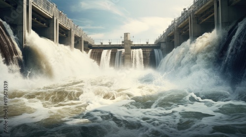 the power of nature and energy production showcasing water discharge at a hydropower plant, emphasizes the force and fluidity of water in motion. photo