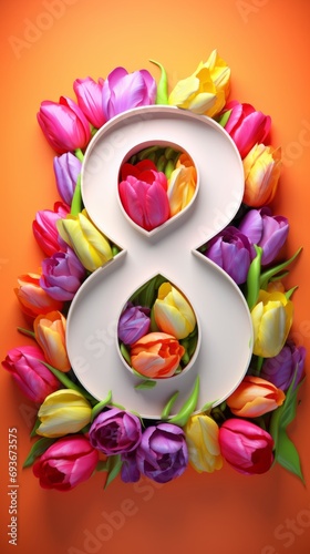 Number 8 in tulips, women's holiday March 8, 8th birthday