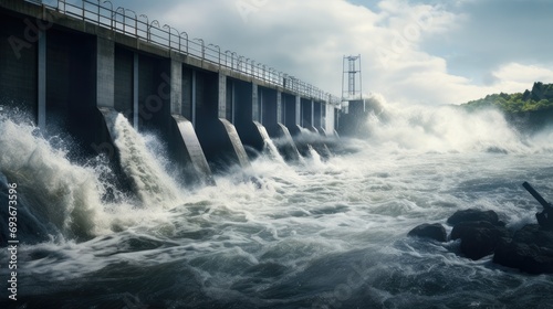 the power of nature and energy production showcasing water discharge at a hydropower plant, emphasizes the force and fluidity of water in motion.