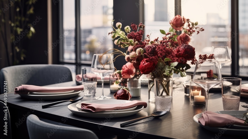 a beautiful table setting, adorned with floral decorations indoors, highlighting the harmonious blend of refined aesthetics and contemporary design.