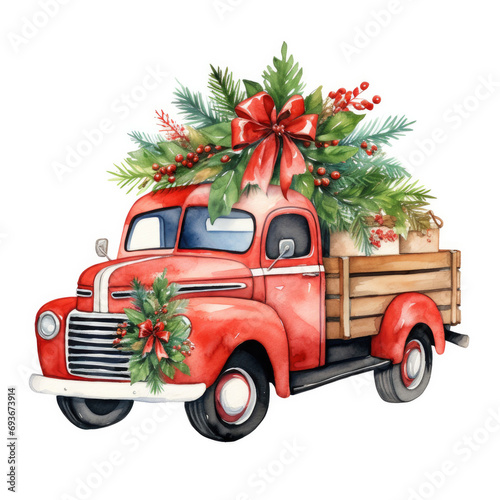 Watercolor Christmas red retro truck carrying Christmas decorations
