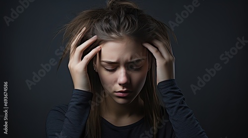 a tired, exhausted teen girl holding her temple in pain against a grey background, the concept of headache, migraine, cephalalgia, hypertension, and premenstrual syndrome. © lililia