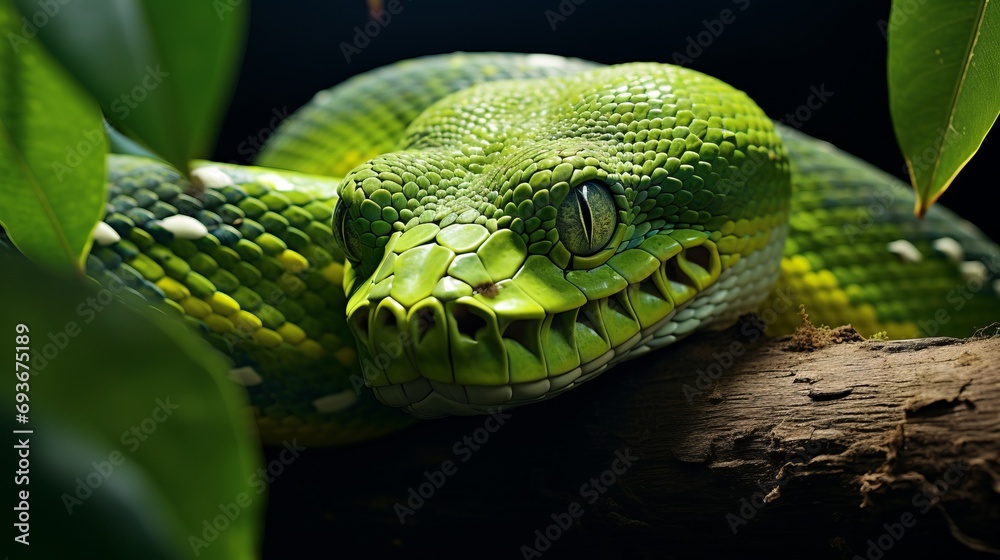 Vibrant green snake slithering on a lush jungle tree branch, captured in stunning macro detail Vibrant green snake slithering on a lush jungle tree branch, captured in stunning macro detail