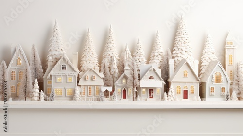 decorative houses and vibrant green fir Christmas branches on a white wooden background. Craft a composition or scene in a modern minimalist style, capturing the simplicity and holiday spirit.
