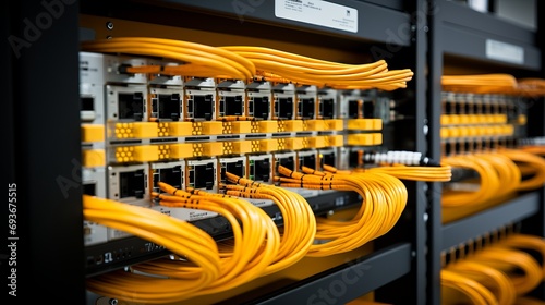 Ethernet cables plugged into switch for high speed and reliable office network connectivity photo