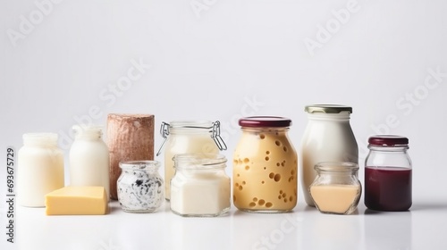 Various types of dairy products, cottage cheese, sour cream. White background. AI generated. photo
