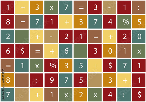 Fondo de cuadrículas en colores variados y con símbolor matemáticos y números