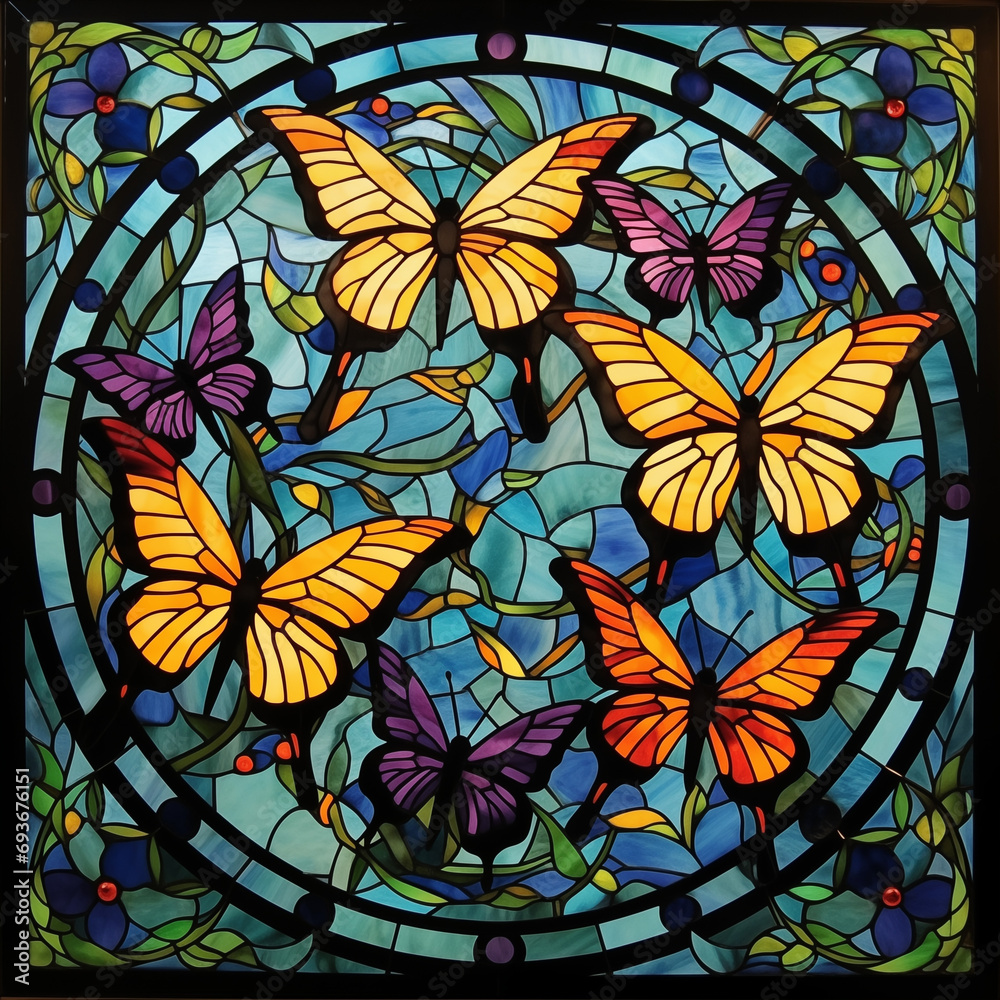 Stained glass design of cartoon butterflies Generative AI