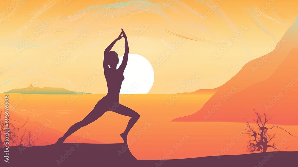 International day of yoga, graphic contours of a woman on the background of the sun. AI generated.