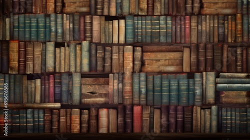 Shelves with old books  folios  textbooks  background. AI generated.