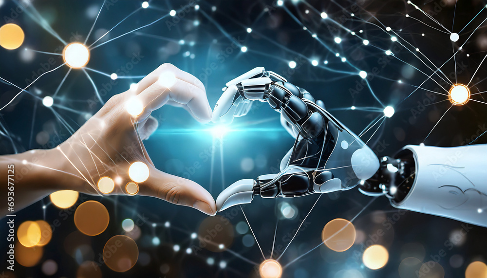 Obraz premium main de robot et d'homme en forme de cœur, concept IA, technologie, intelligence