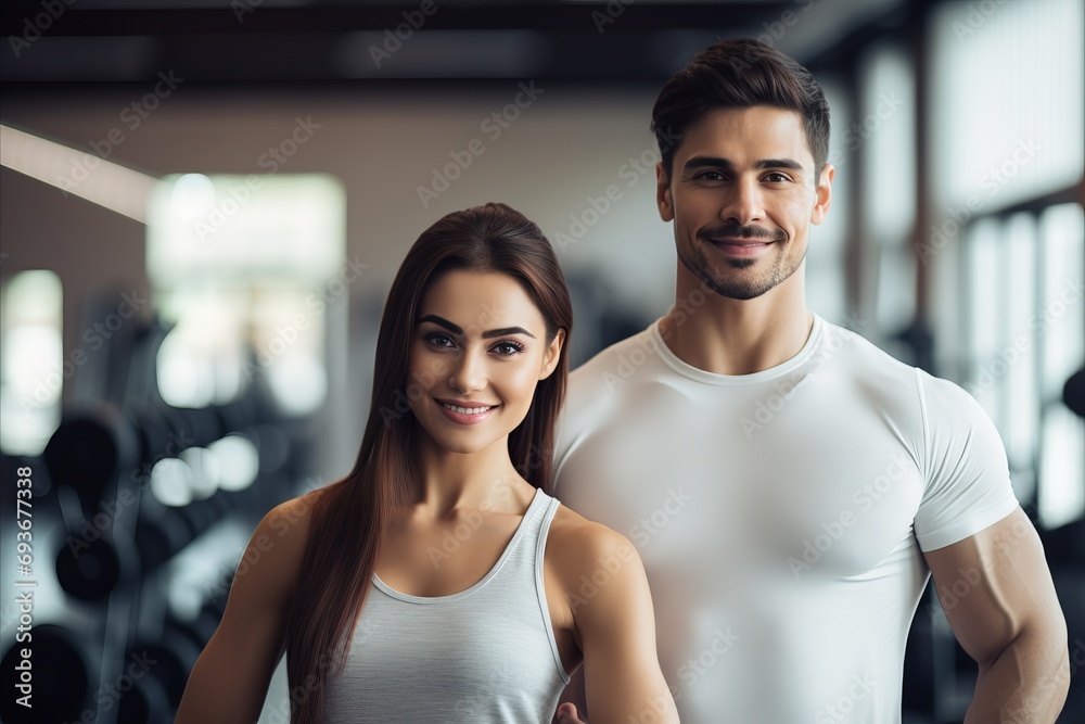 Energetic couple flexing in gym with vibrant colors on blurred background   copy space