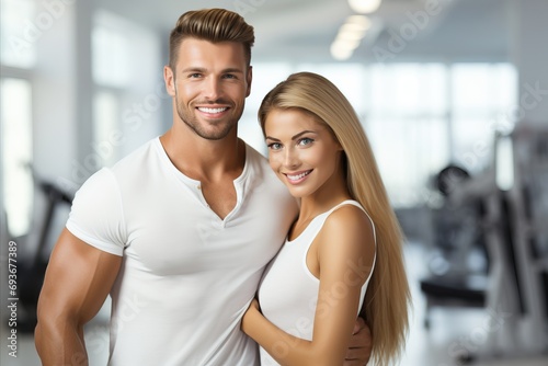 Vibrant gym couple flexing muscles with bright colors, white, gray, and defocused background