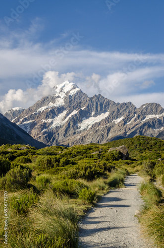 Gravel path in the Hooker valley looking towards Mt Cook