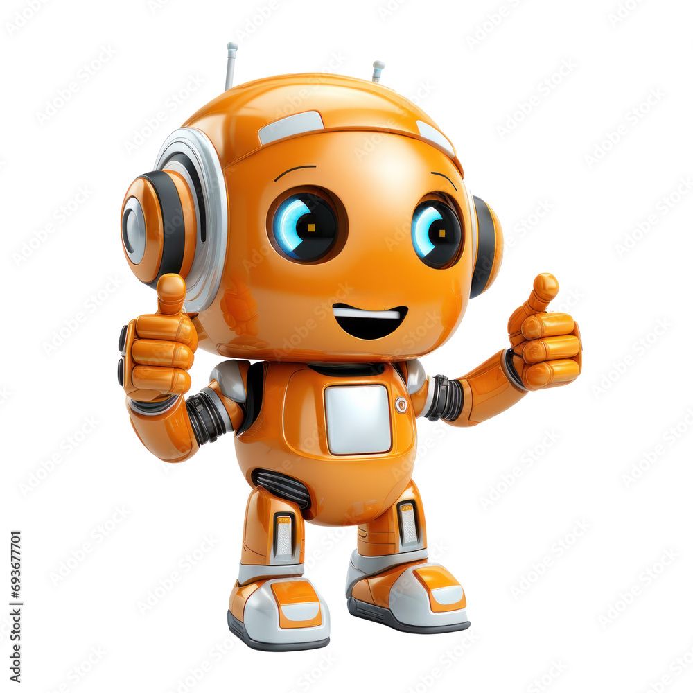 An isolated, cool orange robot on a transparent background giving a thumbs-up gesture, produced using post-processing generative AI An isolated, cool orange robot on a transparent background giving a thumbs-up gesture, produced using post-processing generative AI