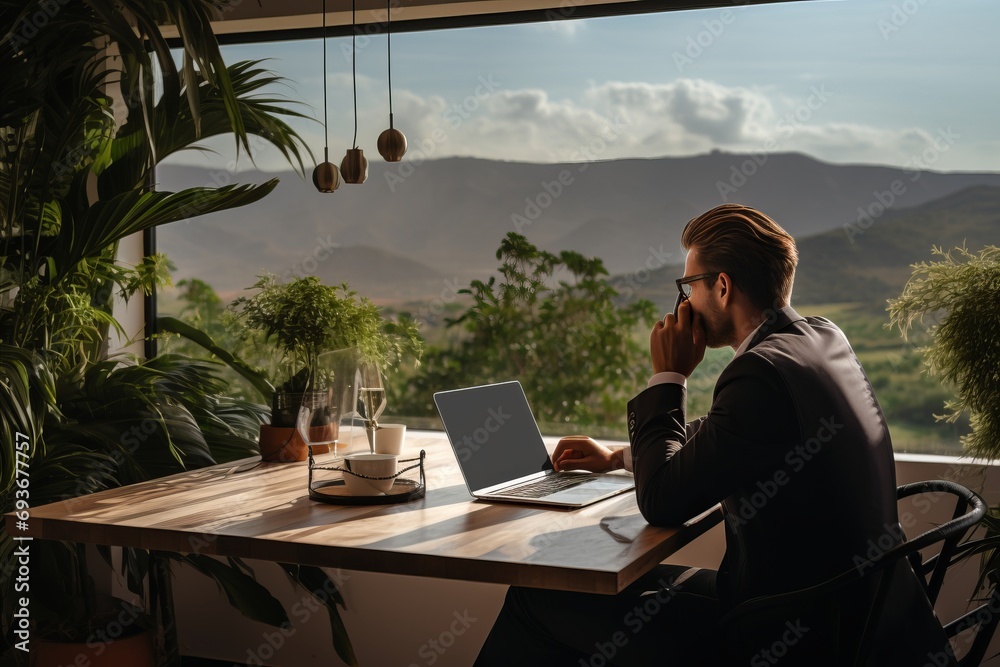 Fototapeta premium Remote work with a view man working outdoors in a country backyard house with mountain scenery