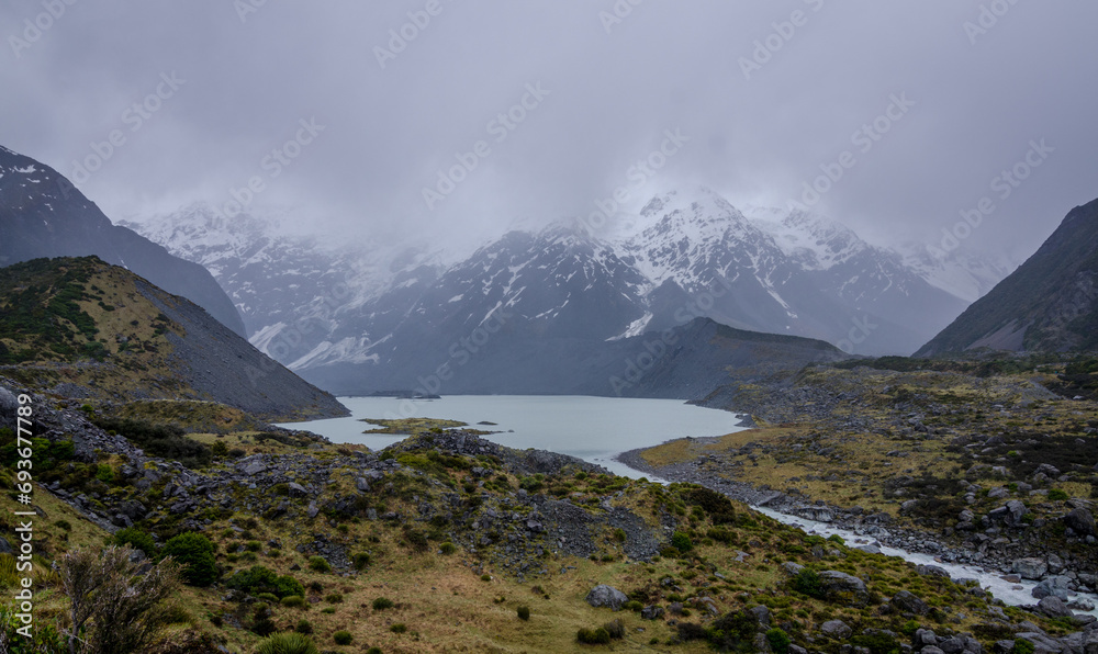 River in Mount Cook National Park with mountain itself visible in background.