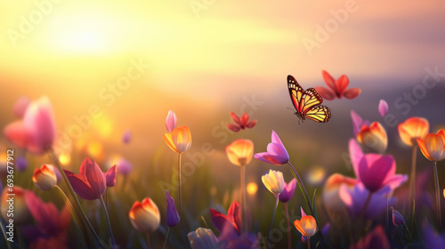 Wide field of tulpes and butterfly in summer sunset, panorama blur background. Autumn or summer tulpes background with butterflies. Shallow depth of field photo